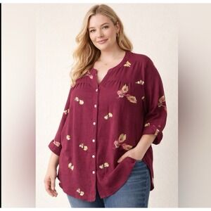Fig & Flower Floral Feather Embroidered Boho Blouse Top Women's 3X Burgundy